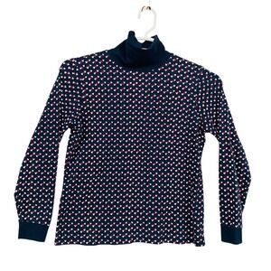 L L Bean Womens Navy Blue Heart Print Turtleneck Long Sleeve Top Size M REG